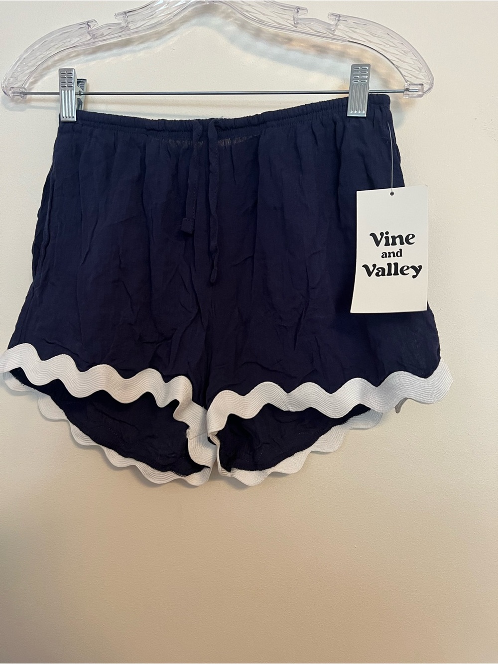 Vine and Valley High-Waist Ruffle Hem Shorts — Navy/White